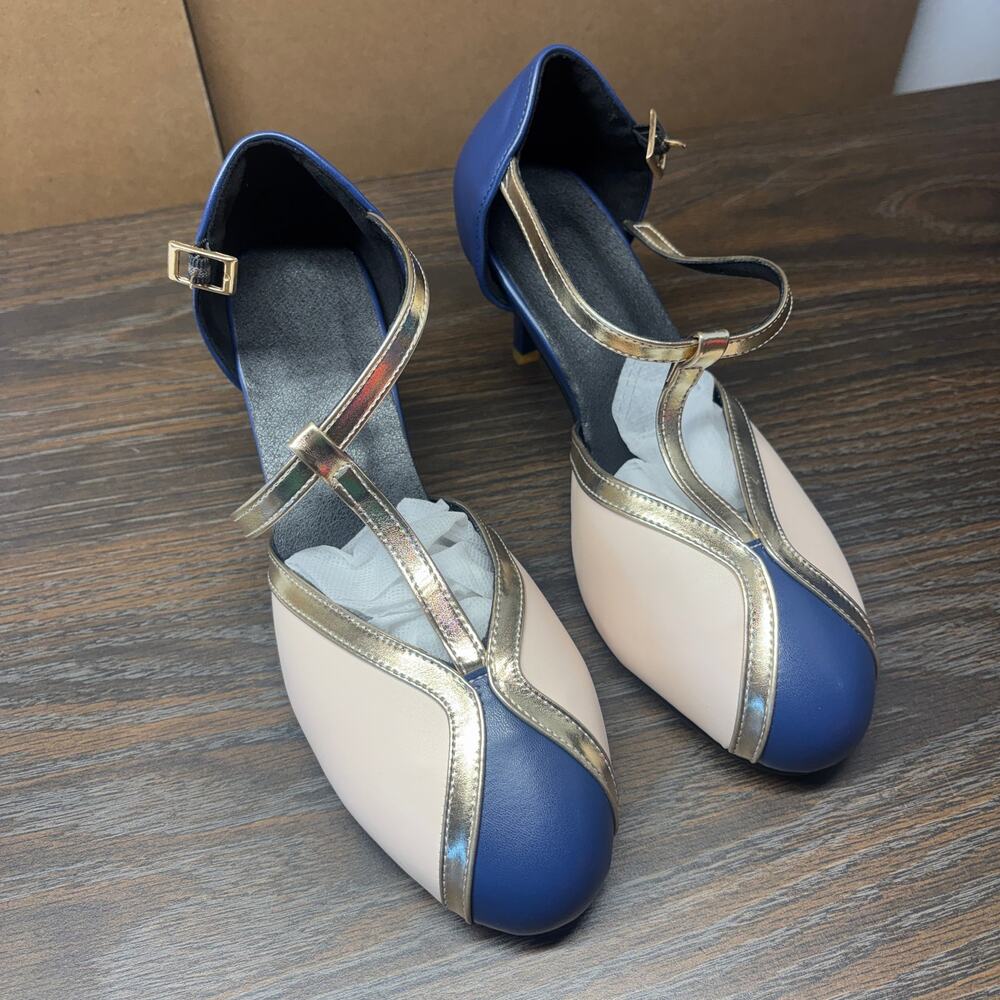 June Joan & Jenny Mary Jane Heels Shoes 38 US7.5 Cream Blue T-Strap Kitten Heels